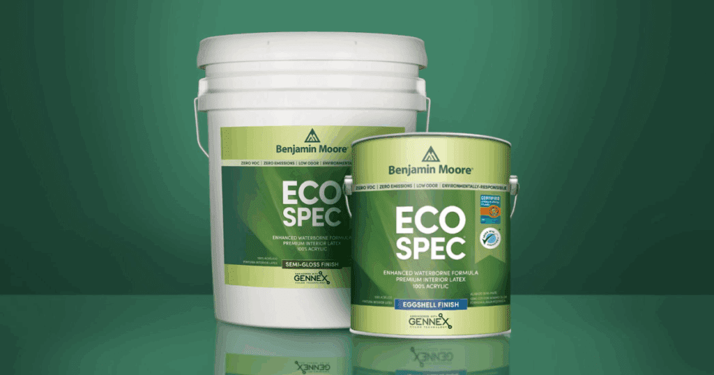 Two containers of Benjamin Moore Eco Spec zero VOC paint in semi-gloss and eggshell finishes, displayed against a green background.