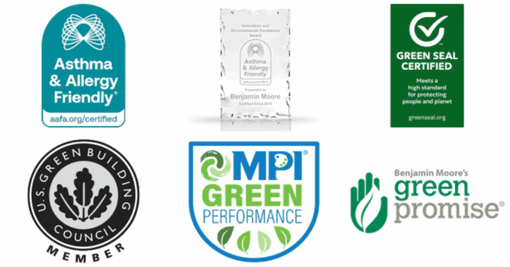 Collection of eco-certifications including Asthma & Allergy Friendly, Green Seal Certified, MPI Green Performance, and Benjamin Moore’s Green Promise.