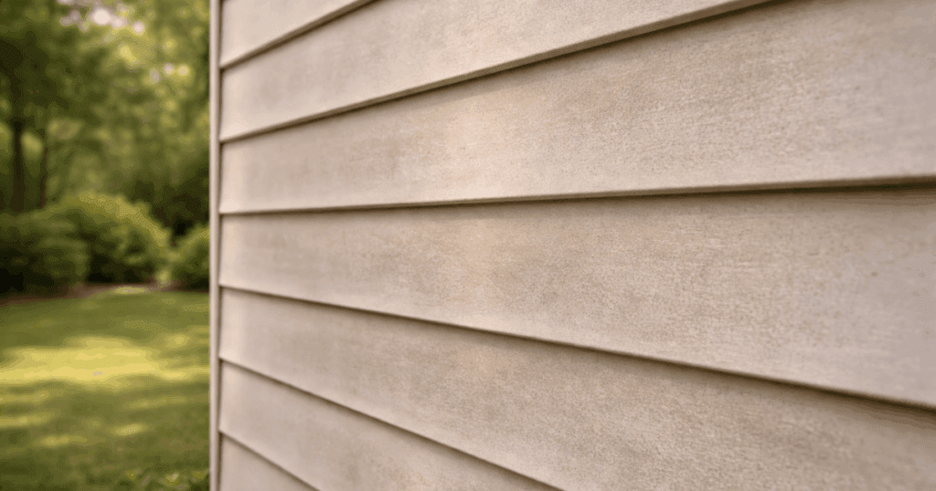 Close up of worn vinyl siding with visible fading and surface damage from long term sun and weather exposure showing a siding can be repainted and should be