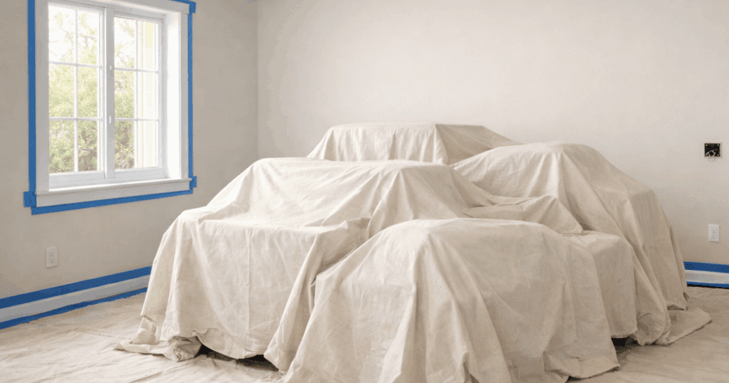 Furniture covered with protective drop cloths and blue painter’s tape along the baseboards and windows, preparing a room for painting.