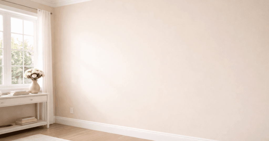 A clean, freshly painted beige interior wall in a sunlit room with white trim, hardwood floors, and a decorative console table beside a window.