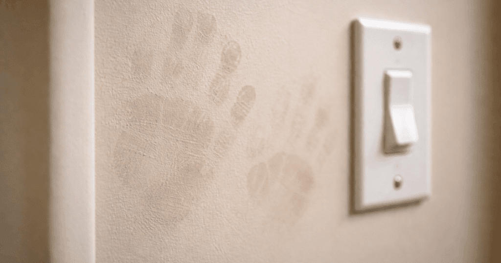 Smudged handprints on a painted wall near a white light switch plate, showing buildup from frequent contact.