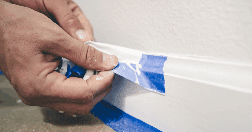 Close-up of a painter’s hands carefully removing blue painter’s tape from a freshly painted white baseboard.