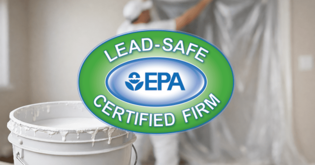 EPA Lead-Safe Certified painter preparing a house for renovation, with protective coverings and tools to safely manage lead paint.