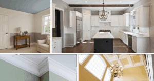 A collage of residential interiors including a kitchen, bedroom, and crown molding details — ideal for ceiling painting tips and trim accent inspiration.