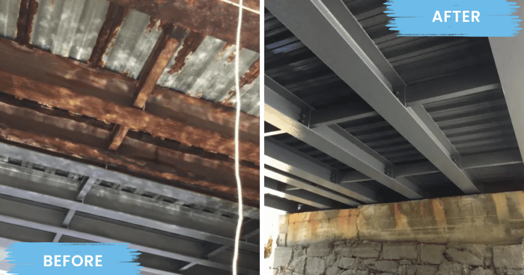 Before and after comparison of a steel bridge structure showing heavy rust and corrosion transformed into a clean, professionally coated surface.