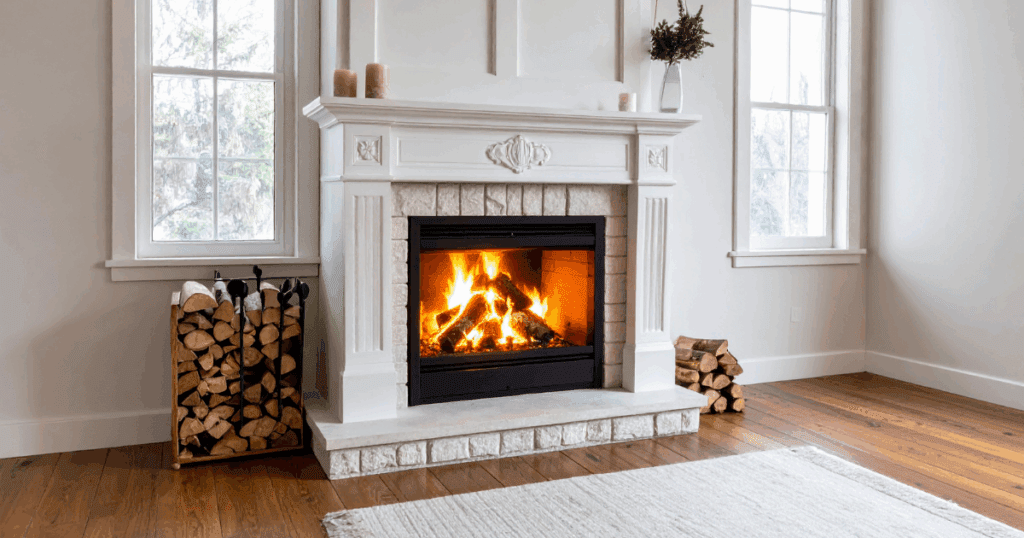 Traditional living room with a white-painted brick fireplace, elegant trim details, and a cozy wood-burning fire.