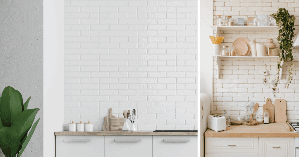 Two modern kitchens featuring white-painted limewash brick walls, minimalist cabinetry, and natural wood countertops.