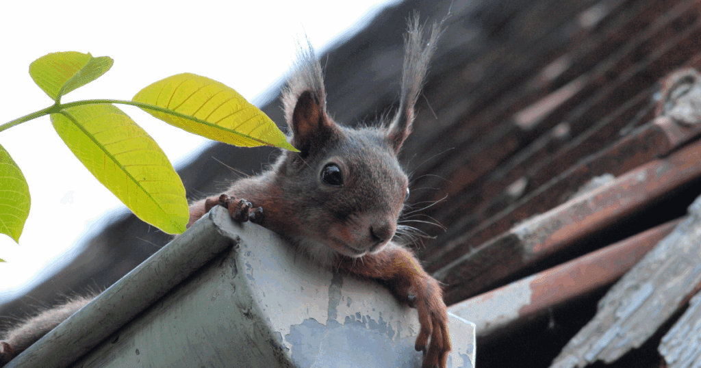 Curious squirrel peeking from inside a home’s gutter, highlighting the importance of clean gutters to prevent wildlife intrusion.