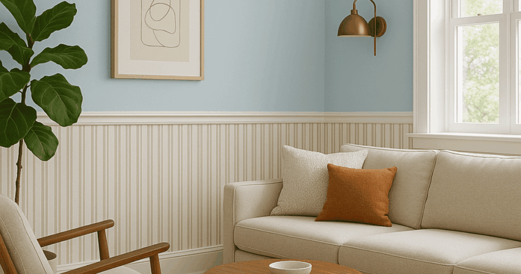 Light blue and cream living room with striped wainscoting and cozy contemporary furnishings.