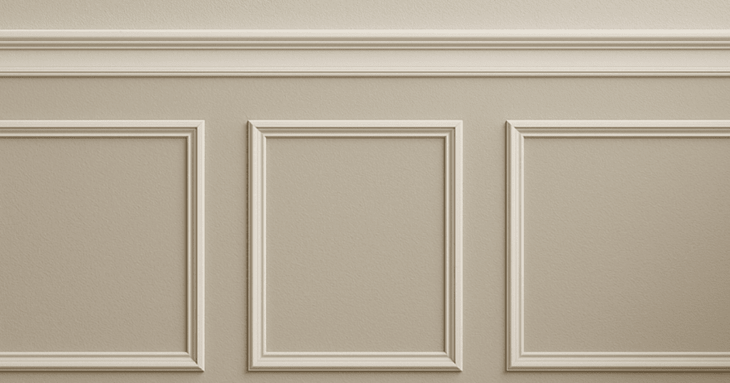 For paint ideas with Chair Rail, this classic beige wall with raised panel wainscoting and white trim in a neutral interior.