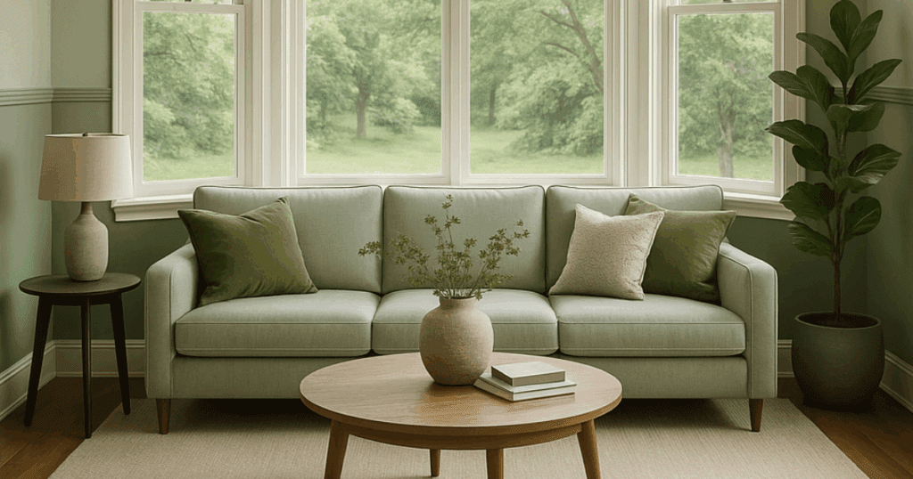 For chair rail paint ideas, this image features soft green living room with custom two-tone wall paint, white trim, and natural wood accents.