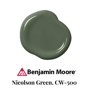 Nicolson Green paint swatch in a muted, natural green, suitable for exterior trim, doors, or shutters.