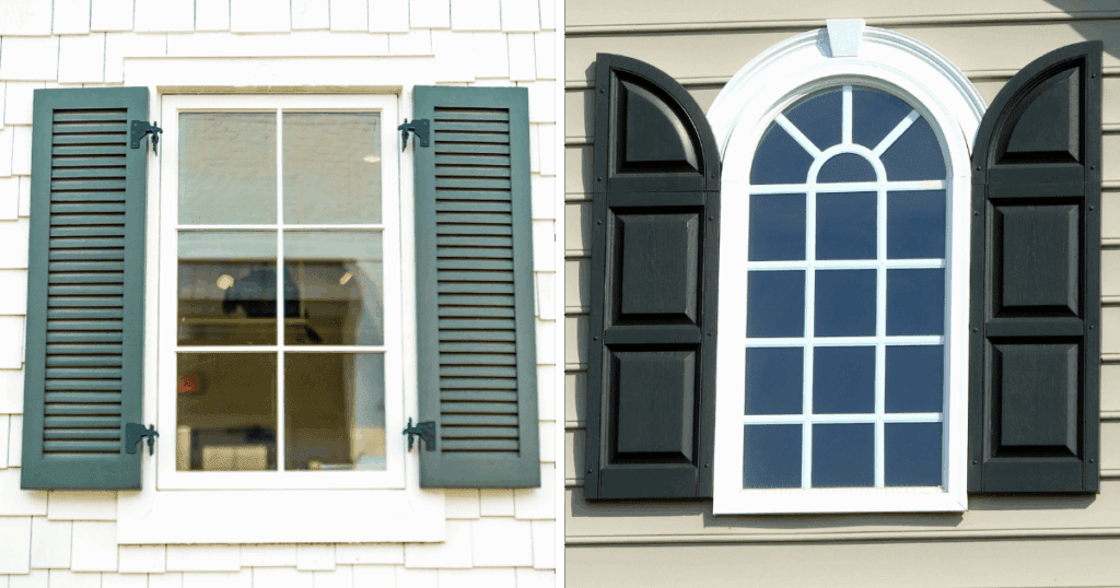 Close-up views of two residential windows featuring freshly painted shutters—one with traditional green louvered shutters and another with black raised-panel shutters framing an arched window.