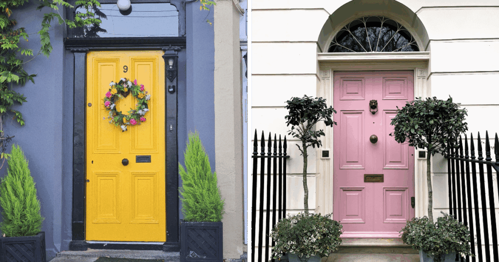Two bold front doors—one painted bright yellow on a dark blue house, and another in soft pink on a white exterior—each framed with architectural detailing and greenery.