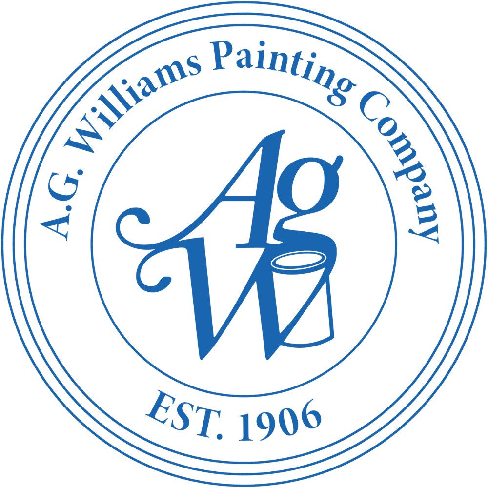 Circular logo for A.G. Williams Painting Company featuring stylized blue "AgW" lettering and a paint can, with "A.G. Williams Painting Company" and "EST. 1906" encircling the design.