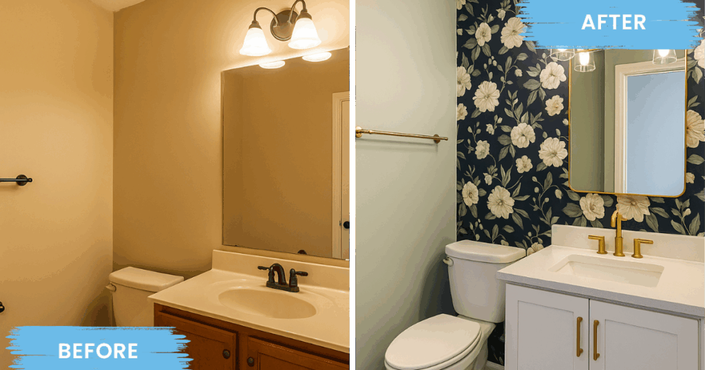 Side-by-side comparison of a bathroom before and after a professional renovation featuring updated paint, wallpaper, and fixtures.