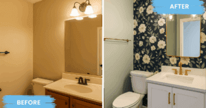 Side-by-side comparison of a bathroom before and after a professional renovation featuring updated paint, wallpaper, and fixtures. Also a great example of how to elevate a small space while avoiding making painting mistakes like painting over wallpaper.