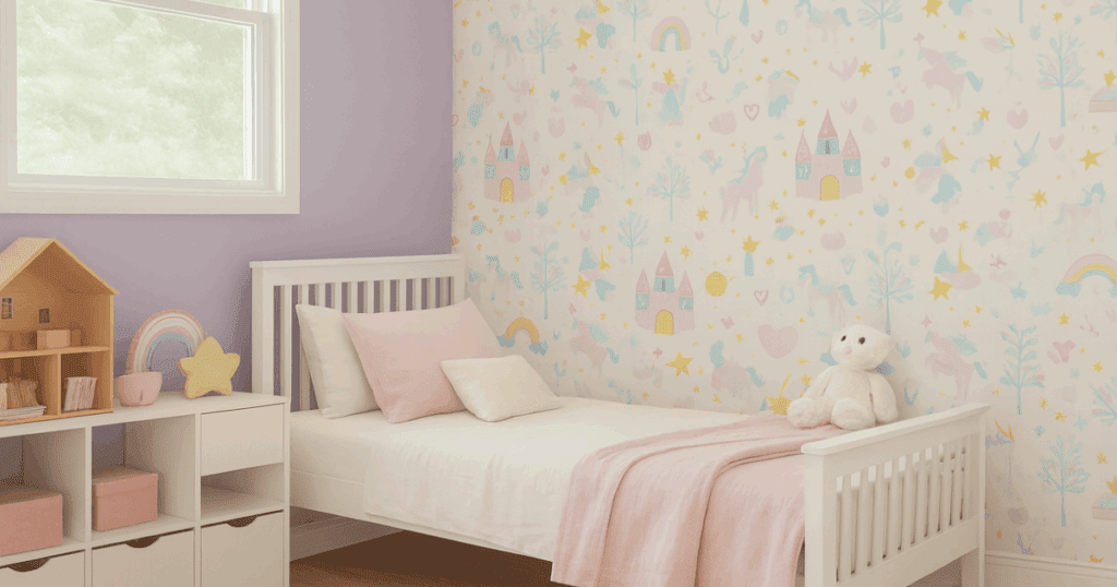 Soft and whimsical children’s bedroom featuring Sherwin-Williams Free Spirit on the walls with pastel-themed wallpaper and a cozy white bed.