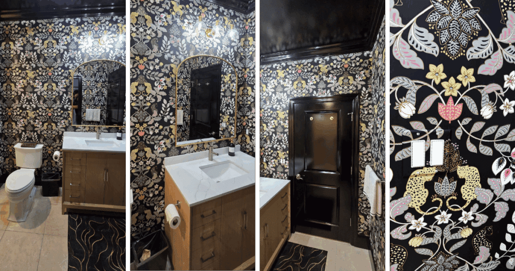 Collage of four images highlighting a completed powder room renovation with bold patterned wallpaper, a natural wood vanity with a white countertop, high-gloss black trim and door, and refined decorative details—showcasing expert craftsmanship and on-trend powder room paint colors.