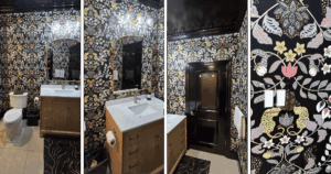 Collage of four images highlighting a completed powder room renovation with bold patterned wallpaper, a natural wood vanity with a white countertop, high-gloss black trim and door, and refined decorative details—showcasing expert craftsmanship and on-trend powder room paint colors.