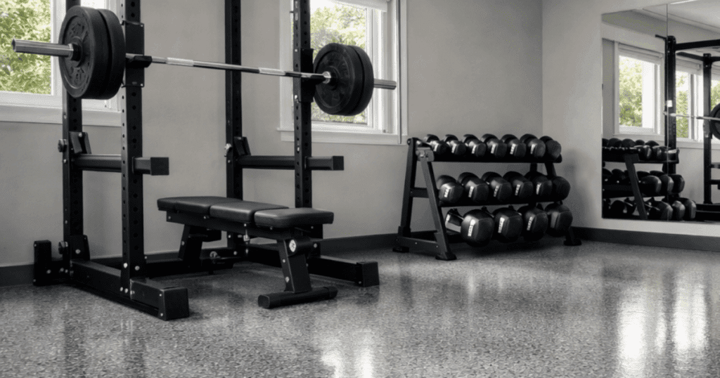 Finished home gym with decorative concrete floor coating installed by A.G. Williams Painting Company