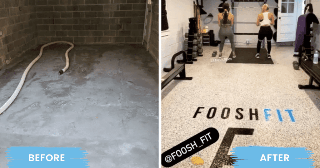 Best floor coating for a home gym shown in a before and after concrete floor transformation by A.G. Williams Painting Company