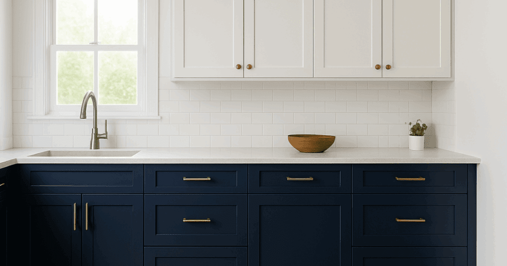 A modern kitchen with navy blue lower cabinets, white upper cabinets, and brushed gold hardware.
