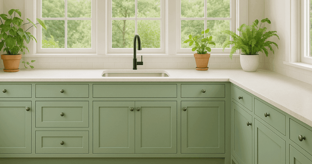 A bright kitchen with mint green cabinetry and black matte faucet, surrounded by large windows and greenery.