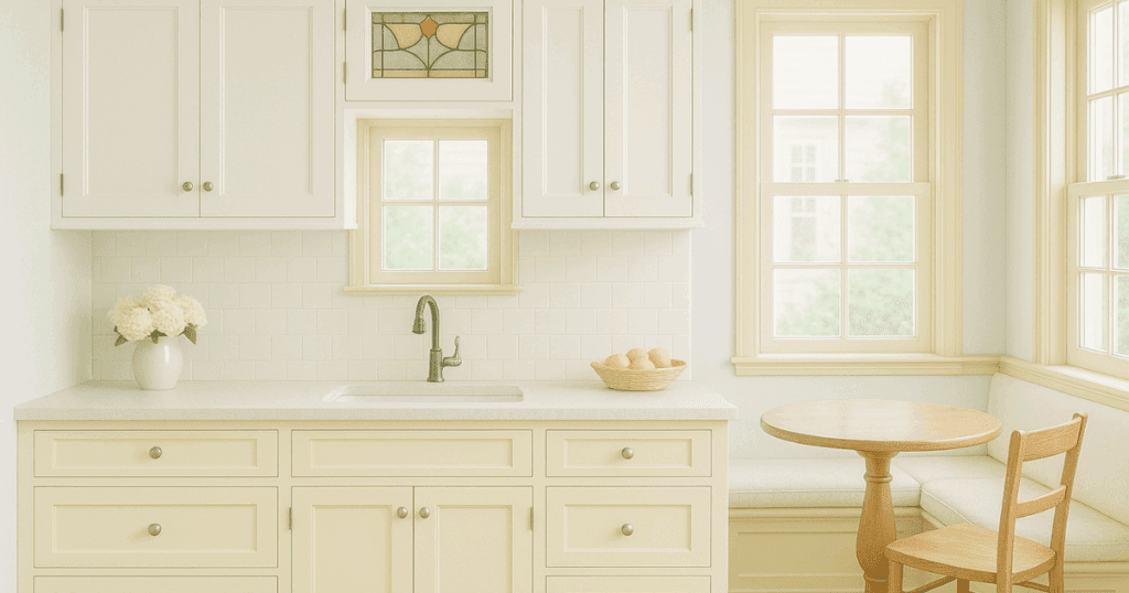 A sunlit kitchen with creamy off-white cabinetry and a built-in breakfast nook with stained glass detail.