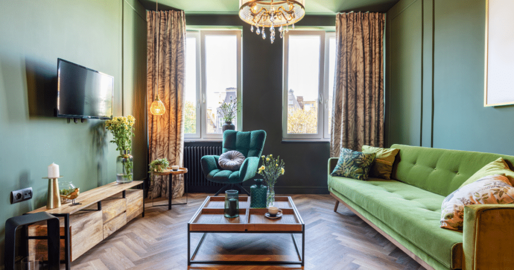 Living room with green walls, ceiling, and furniture, wooden elements, and large windows that flood the space with natural light.