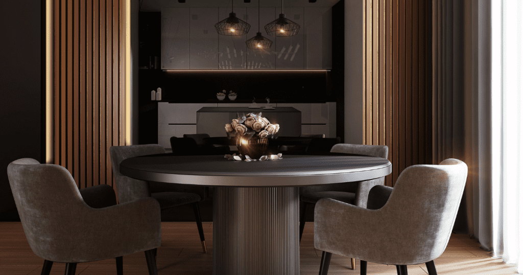 Sleek dining area with black walls, modern furniture, and ambient lighting.
