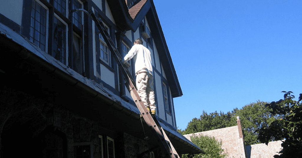 Painter working on a ladder to reach high exterior windows.