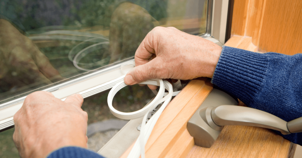 Hands applying weatherstripping tape to a window for improved insulation.