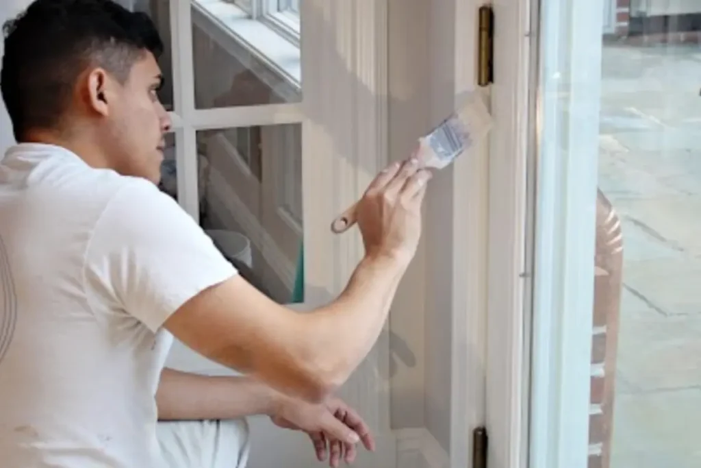 A professional painter carefully applies white paint to a door frame using a brush. The painter wears a white uniform, working with precision near a glass pane to achieve a clean and flawless finish.