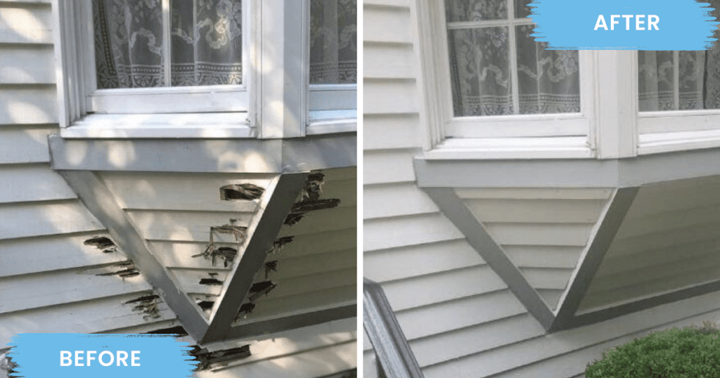Before-and-after comparison of a bay window corner with rotted wood repaired and freshly painted siding. A paint job may have even been avoided with regular exterior maintenance painting.