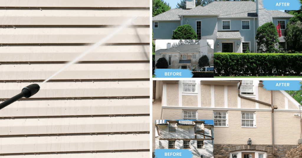 A composite image showcasing professional exterior painting and cleaning services. On the left, a powerwasher sprays water onto a beige siding, removing dirt. On the right, two before-and-after comparisons display stunning home transformations with fresh paint and restoration.