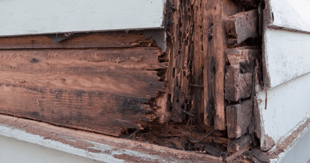 Close-up of extensive wood rot and termite damage beneath exterior siding.