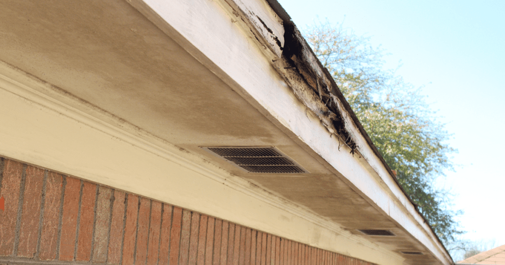 Rotted soffit and fascia board with visible wood decay on a residential roofline.