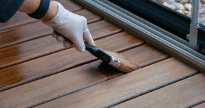 Close-up of a gloved hand applying a rich wood stain to a deck board with a paintbrush.