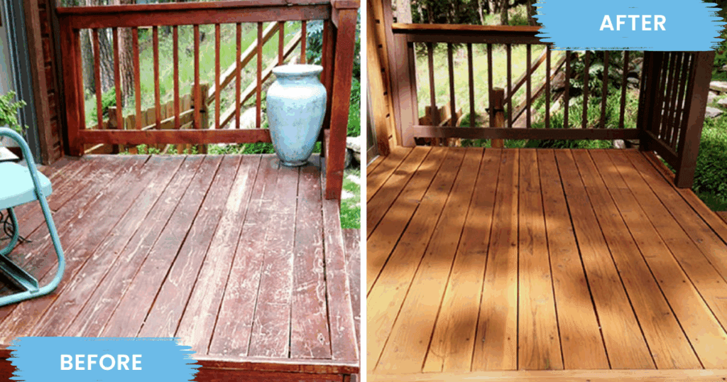 Side-by-side comparison of a worn wooden deck before restoration and a freshly refinished deck after staining in a blog about exterior staining tips.