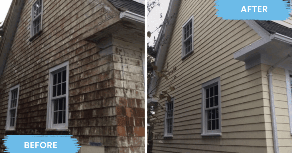Side-by-side comparison of a house exterior before and after professional painting. The left image shows weathered, untreated wood siding, while the right image displays the same house beautifully restored with smooth, cream-colored painted siding and crisp white trim.