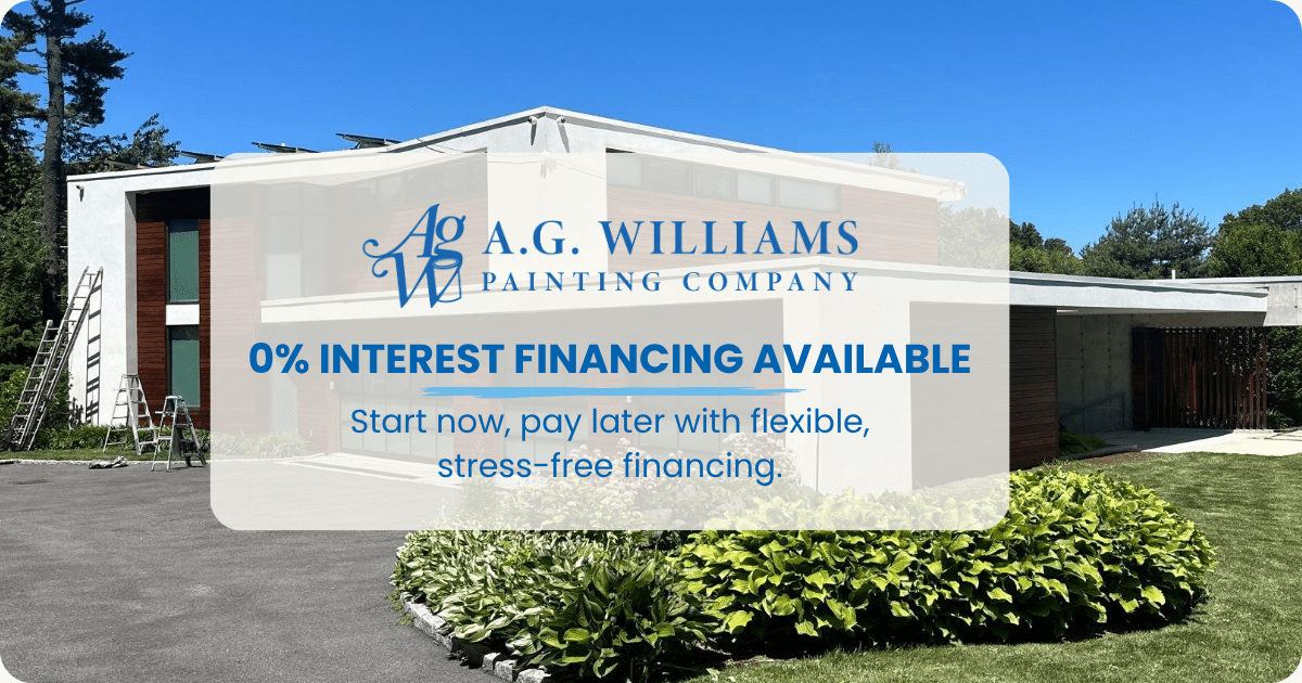 Modern home exterior painted white with wood accents, featuring promotional text for 0% interest financing from A.G. Williams Painting Company.