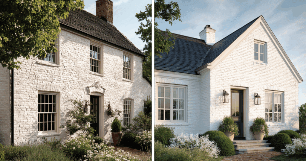 Two charming homes with white painted brick exteriors, classic windows, and landscaped front gardens under blue skies.
