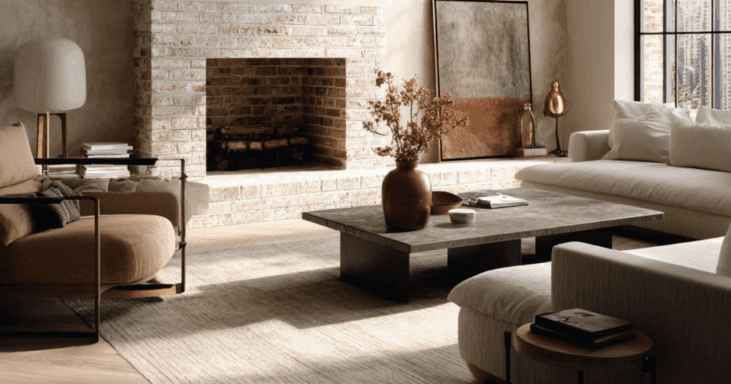 A cozy, modern living room featuring a whitewashed brick fireplace, neutral-toned furnishings, and natural light accentuating the textured walls. This image is intended to depict the contrast between lime vs venetian plaster.
