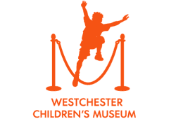 Westchester Children’s Museum logo featuring an orange silhouette of a child jumping between stanchions above the organization’s name.
