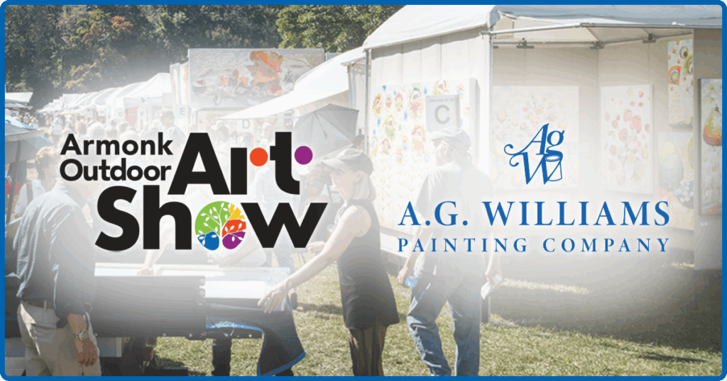 Visitors explore artist booths under white tents at the Armonk Outdoor Art Show, with the A.G. Williams Painting Company logo displayed prominently.