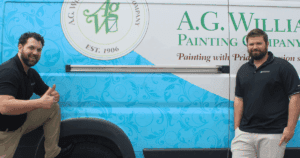 George Williams Jr. and Paul Viggiano pose in front of an A.G. Williams Painting Company truck, representing team pride and leadership. As George Sr. shares in his winter message, it’s the people who define the work, and this photo is a perfect example of that commitment in action.