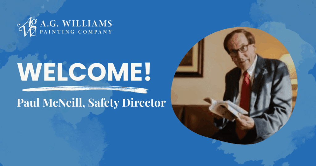 Paul McNeill, part-time Safety Director at A.G. Williams Painting Company, conducting a jobsite safety walk-through, demonstrating hands-on leadership and OSHA-informed safety practices.