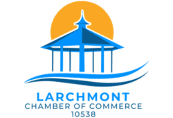 Larchmont Chamber of Commerce logo featuring a stylized pavilion with blue and gold accents.